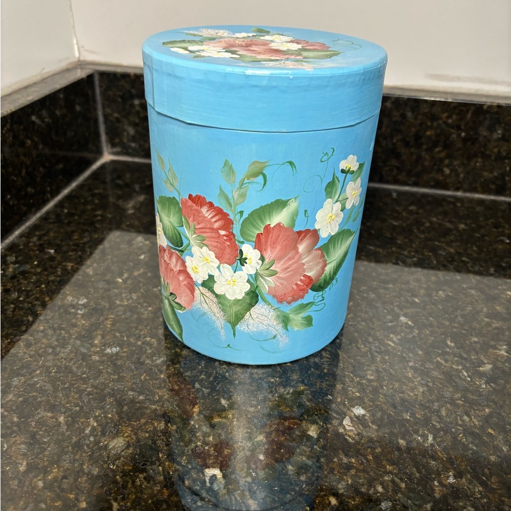 Vintage 1990s Hand Painted Floral Blue Decorative Container